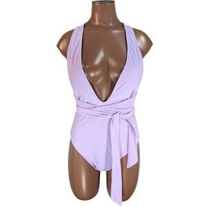 Women's Small Lilac Purple One-Piece Plunging Tie Front Lined Padded Swim Suit